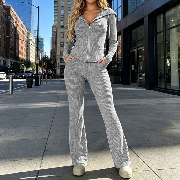 Gamivast 2 Piece Tracksuit Set for Women Ribbed Knit Full Zip Collared Long Sleeve Jacket Wide Leg Pants Fall Lounge Outfit Gray L