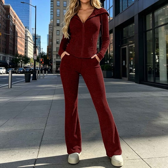 Gamivast 2 Piece Tracksuit Set for Women Ribbed Knit Full Zip Collared Long Sleeve Jacket Wide Leg Pants Fall Lounge Outfit Wine M