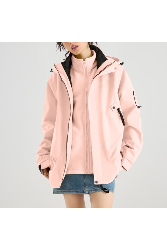 2 Piece Winter Hooded Fleece Jackets For Women Outdoor Casual Long Sleeve Zip Up Coat With Pockets Warm Inner Liner Two Piece Set Jacket Fall Trendy Button Down Tops