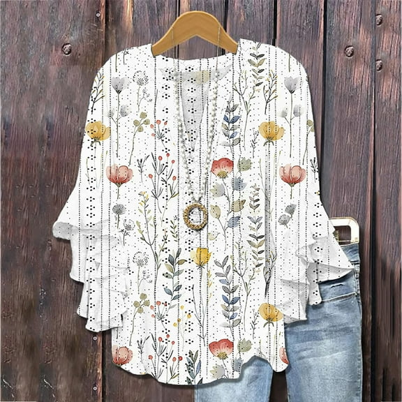 Gamivast 3/4 Length Sleeve Womens Tops Summer Cute Button Floral Printed Graphic Tees V Neck Ruffle Blouses Flowy Shirts L Juniors Placed by Me to be Delivered