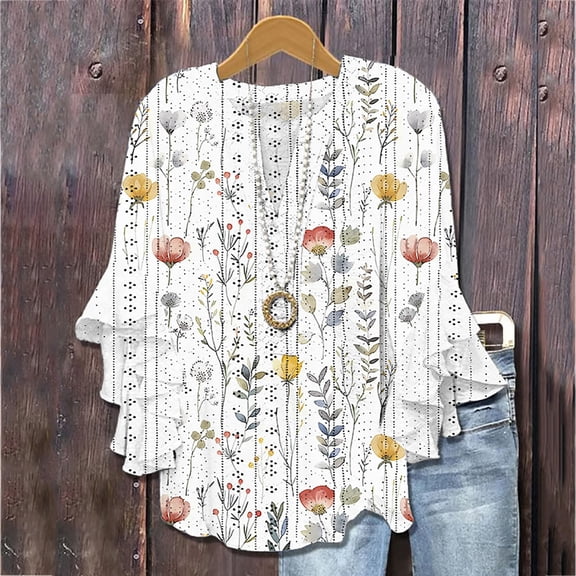 Gamivast 3/4 Length Sleeve Womens Tops Summer Cute Button Floral Printed Graphic Tees V Neck Ruffle Blouses Flowy Shirts XXL or Placed Recently by Me Delivery Status