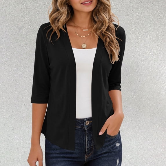 Gamivast 3/4 Sleeve Cardigan for Women Open Front Lightweight Summer Shrug Soft Knit Casual Sweater Top Flattering Thin Cover Up Jacket for Office Work Dressy Wear Black XL