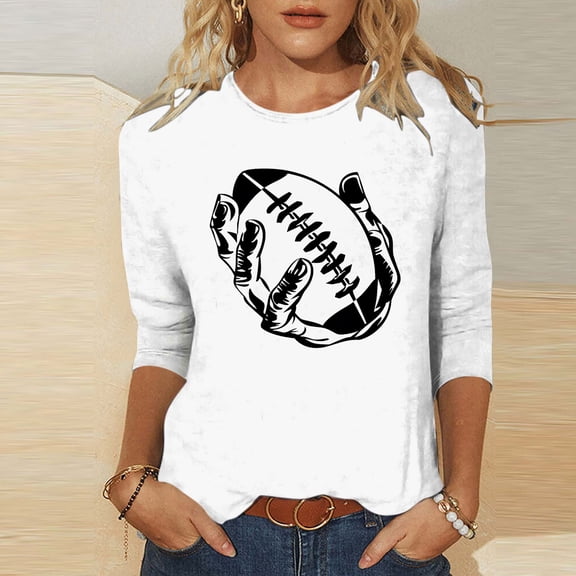 Gamivast 3/4 Sleeve Tops for Women Plus Size Football In Hands Graphic Crew Neck Shirt Game Day Casual & Stylish Drop Shoulder Tunic Tee Shirts Superbowl Outfit
