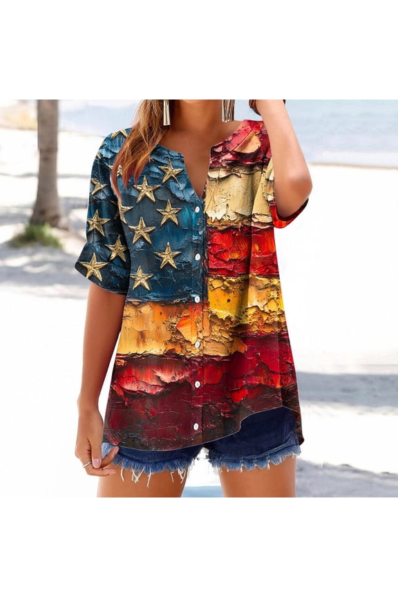4 Of July Shirts for Women Plus Size American Stripes Flag Patriotic Tops Casual Button Down Loose Blouses Blue S of the Day Placed Recently by Me Delivery Status