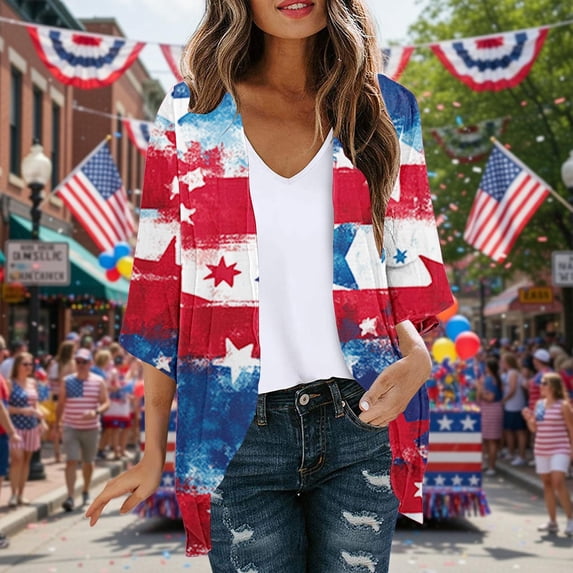 Gamivast 4Th of July Cardigan for Women Flag Print V Neck 3/4 Sleeve Open Front Loose Fit Summer Tops Lightweight Kimono Cardigan 3/4 Sleeve Vacation Wear outfits