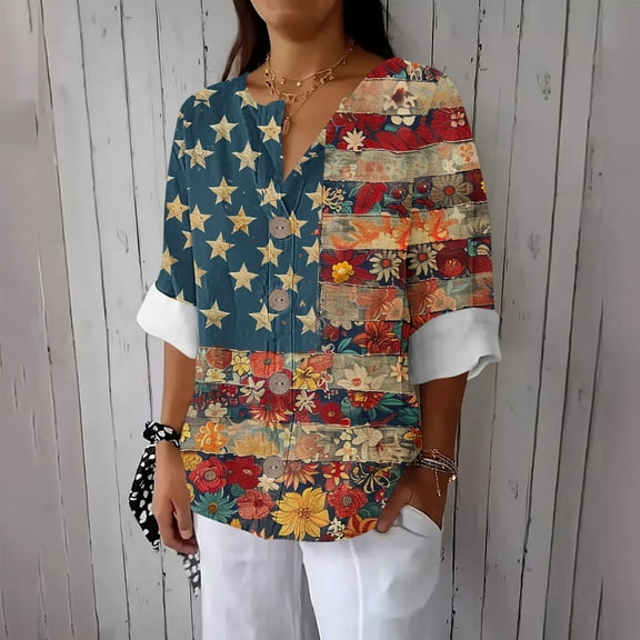Gamivast 4Th Of July Shirts for Women Star and Stripe Flag Print Tunic Top 3/4 Sleeve Patriotic Blouses Outfits L Clothes Recent I have Placed