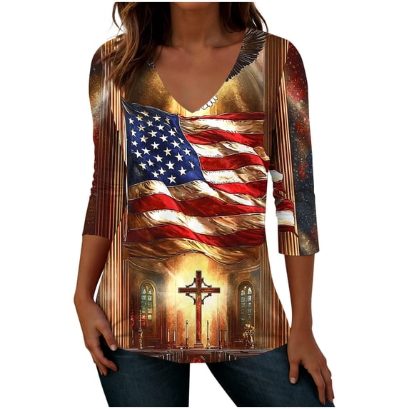Gamivast 4Th of July Patriotic Christian Shirts for Women USA American Flag 3/4 Sleeve V Neck Stars And Stripes Loose Fit Soft Breathable Summer Tops
