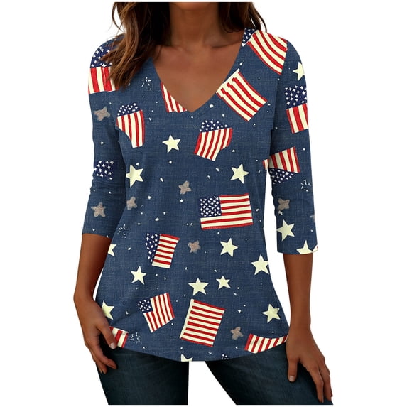 Gamivast 4Th of July Patriotic Christian Shirts for Women USA American Flag 3/4 Sleeve V Neck Stars And Stripes Loose Fit Soft Breathable Summer Tops
