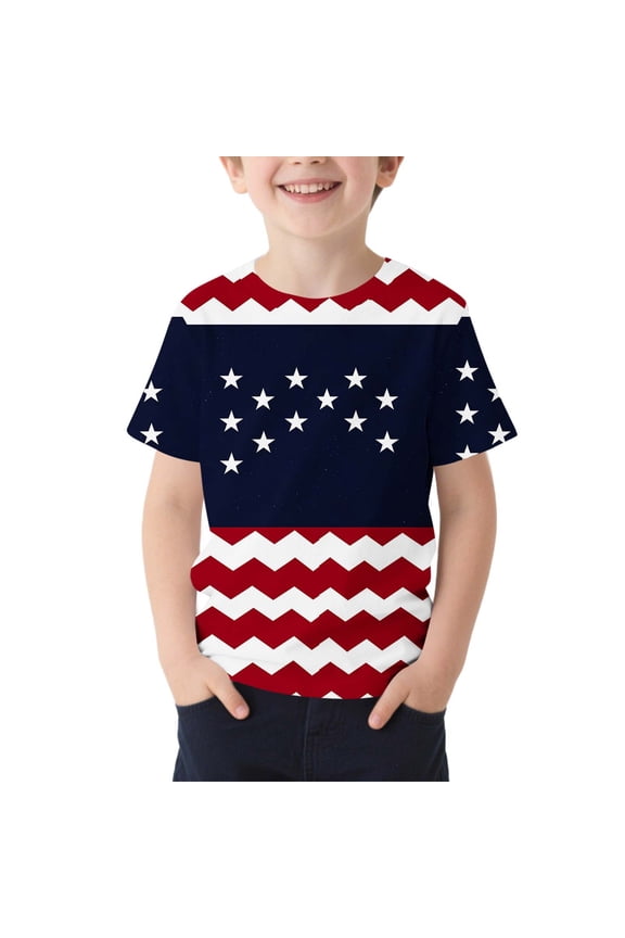 4Th of July Patriotic T Shirt for Kids USA American Flag Short Sleeve Crewneck Stars And Stripes Chevron Striped Loose Summer Tops