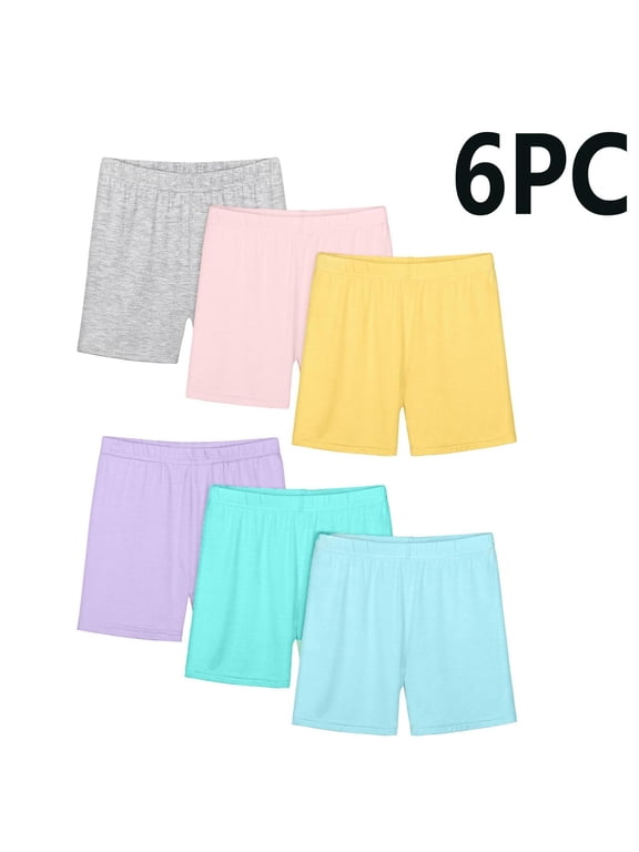 6-Pack Girls' Biker Shorts Elastic Waist Stretchy Cotton Spandex Workout Shorts Under Dress Safety Dance Shorts Activewear Multipack for Toddler Kids
