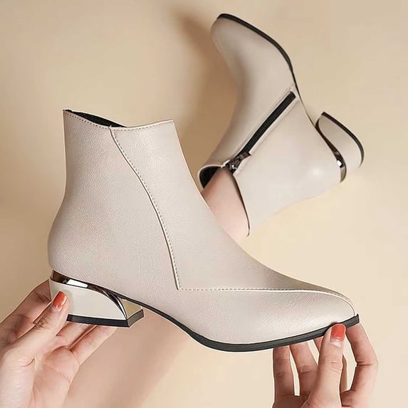 Gamivast Ankle Boots for Women Faux Leather Boots Pointed Toe Side Zip Geometric Low Heel Dress Boots for Office Work Party Travel Evening Footwear Beige 38