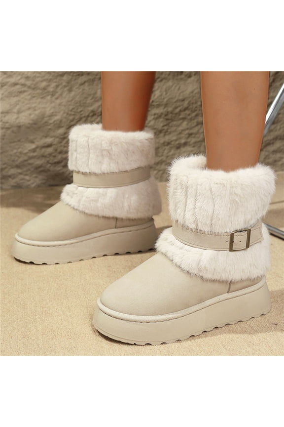 Ankle Boots for Women Platformed Memory Foam Fuzzy Fleece Lined Shoes with Non-Slip Warm Winter Slip-on Outdoor Snow Booties Round Toe Chunky Heel Closed Back Boot