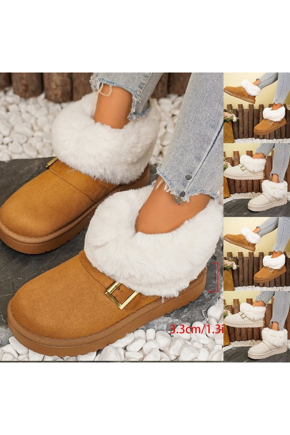 Ankle Boots for Women Winter Slip-On Fuzzy Fleece Lined Warm Snow Booties Fashion Sherpa Collar Platformed Non-Slip Shoes Comfortable Chunky Flat Heel Round Toe for Outdoor Indoor