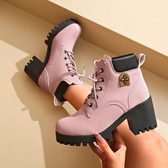 Gamivast Ankle Boots for Women Lace Up Chunky Sole Ankle Boots Side Zipper Ankle Boots for Work Outdoor Walking Travel Daily Casual Outfits Pink 39