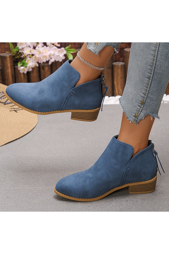 Ankle Boots for Women Side Zipper Low Heel Booties Almond Toe Suede Look Short Boots for Fall Winter Casual Office Daily Outfits Blue 40