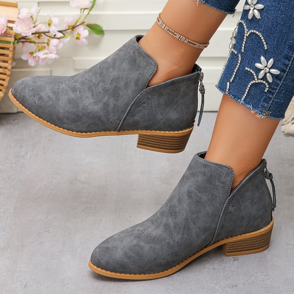 Gamivast Ankle Boots for Women Side Zipper Low Heel Booties Almond Toe Suede Look Short Boots for Fall Winter Casual Office Daily Outfits Gray 36
