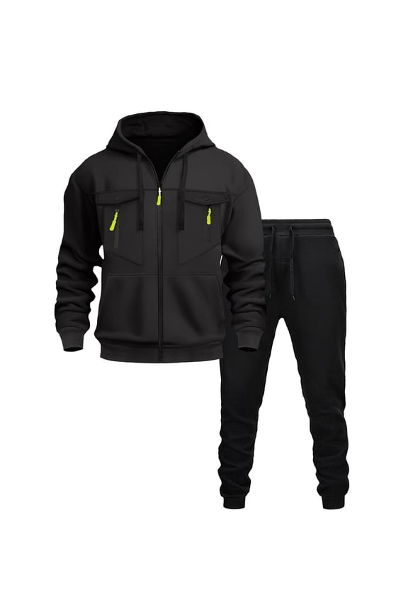 Athletic Mens Cargo Tracksuit Zipper Pocket Hoodie and Sweatpants Set Tech Fleece Outfit for Outdoor Hiking Gym Workout Running Sport Suit