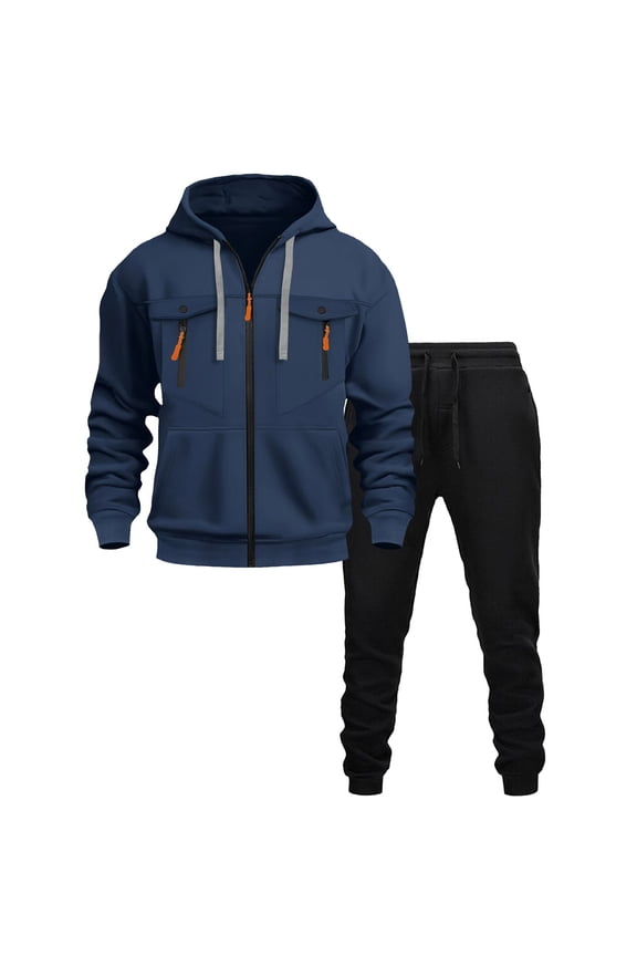 Athletic Mens Cargo Tracksuit Zipper Pocket Hoodie and Sweatpants Set Tech Fleece Outfit for Outdoor Hiking Gym Workout Running Sport Suit