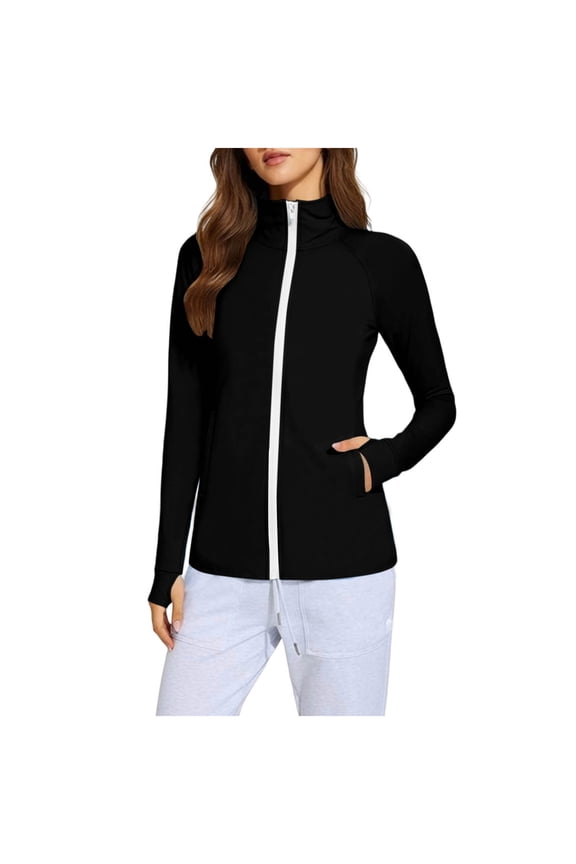 Athletic Tops for Women High Neck Long Sleeve Workout Gym Running Activewear Slim Fit Solid Texture Full Zip up Front Pockets Thumbhole Cuffs Breathable Yoga Jackets
