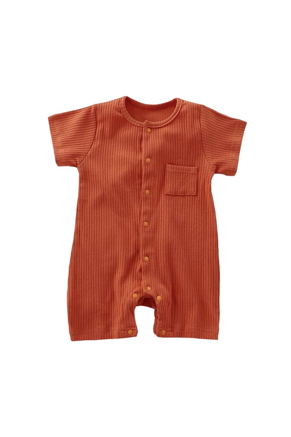 Baby Ribbed Knit Romper Short Sleeve Front Button One Piece Jumpsuit Cotton Blend Infant Snap Pajamas Bodysuit Outfit with Pocket Neutral Sleepwear Loungewear Shorts