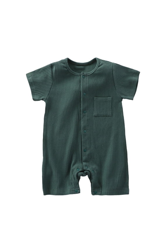 Baby Ribbed Knit Romper Short Sleeve Front Button One Piece Jumpsuit Cotton Blend Infant Snap Pajamas Bodysuit Outfit with Pocket Neutral Sleepwear Loungewear Shorts