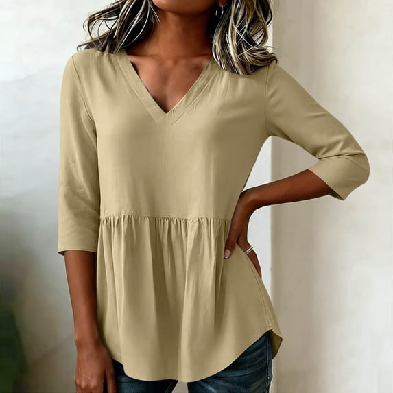Gamivast Babydoll Blouses for Women Peplum 3/4 Sleeve Casual Tunic Tops Solid Color Babydoll Shirts Loose Fit Flowy Lightweight Comfortable Spring Fall Everyday Wear