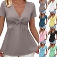 thumbnail image 1 of Gamivast Babydoll Tops for Women V Neck Short Sleeve Twist Front Shirts Casual Slim Fit Tunic Blouses Stretch Summer Going out Basic Tee Tops Daily Wear Night out, 1 of 9