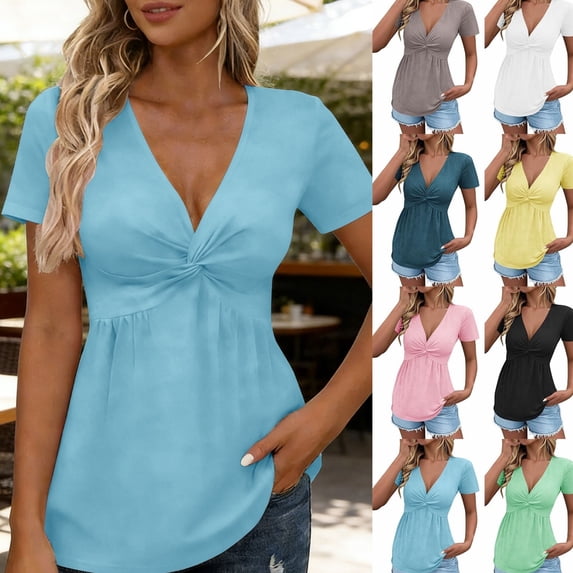 Gamivast Babydoll Tops for Women V Neck Short Sleeve Twist Front Shirts Casual Slim Fit Tunic Blouses Stretch Summer Going out Basic Tee Tops Daily Wear Night out