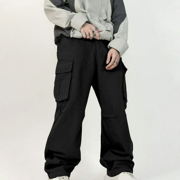 Gamivast Baggy Cargo Pants Men Tall and Big Straight Wide Leg Pants with Multiple Pockets Y2K Drawstring Elastic Waist Sweatpants Casual Athletic Solid Trousers