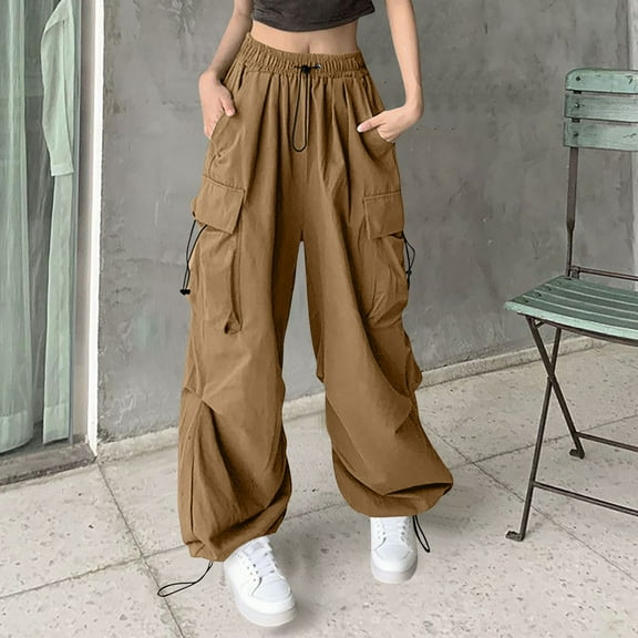 Gamivast Baggy Cargo Pants for Women Casual Straight Wide Leg Pants with Multiple Pockets Vintage Drawstring Elastic Waist Sweatpants Work Athletic Pleated Pant