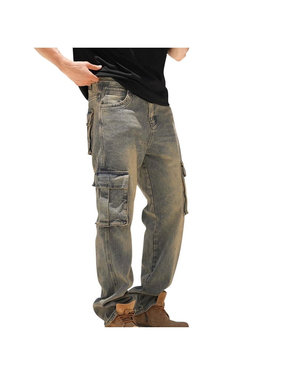 Baggy Jeans Men Y2K Streetwear Straight Wide Leg Pants with Multiple Pockets Vintage Casual Button Cargo Sweatpants Fall Fashion Outfits 2025