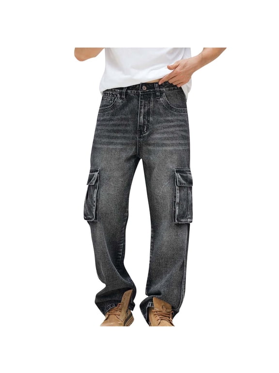 Baggy Jeans Men Y2K Streetwear Straight Wide Leg Pants with Multiple Pockets Vintage Casual Button Cargo Sweatpants Fall Fashion Outfits 2025