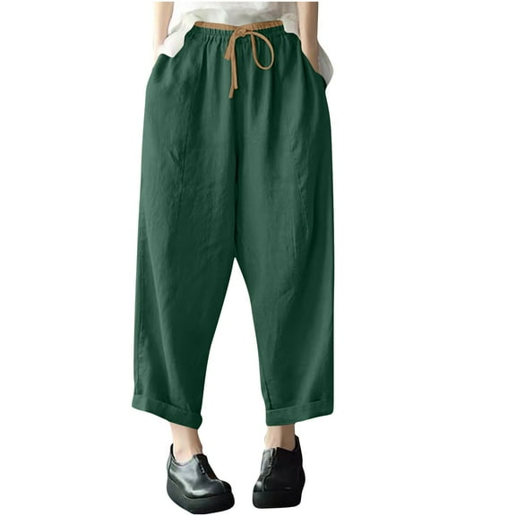Gamivast Baggy Linen Pants for Women Comfortable Beach Drawstring Elastic Waist Pants with Pockets Casual Wide Leg Color Block Trousers Versatile Trousers