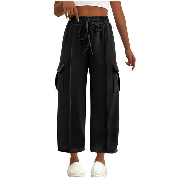 Gamivast Baggy Sweatpants for Women Dressy Casual Wide Leg Cargo Pants with Pockets Cropped Elastic Waisted Trousers Athletic Drawstring Solid Joggers