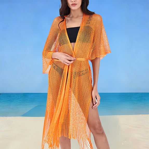 Gamivast Bathing Suit Cover up for Women Mesh Open Front Maxi Kimono Fringe Hem Tie Waist Sheer Beachwear Vacation Resort Wear Cruise Beach to Boardwalk
