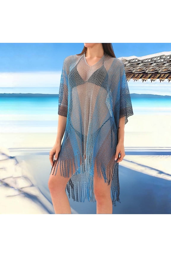 Beach Cover ups for Women Ombre Mesh Kimono Fringe Hem Open Front Sheer Longline Cover up Cardigan Beachwear Vacation Resort Wear Cruise Poolside