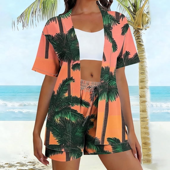 Gamivast Beach Outfits for Women 2 Piece Palm Tree Print Kimono & Elastic Waist Shorts Summer Sets Tropical Vacation Cover Up Holiday Lounge Suits