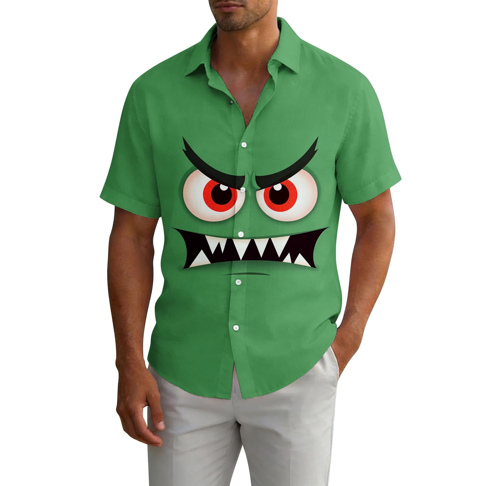 Gamivast Beach Shirts Monster Face Graphic Print Turn Down Collar Funny ...
