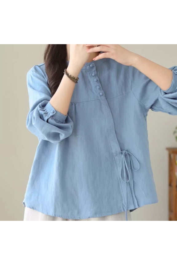 Blouses For Women Dressy Casual Soft Crew Neck 3/4 Puff Sleeve Cute Tops Summer Tops Side Drawstring Ruched Button Work Wear