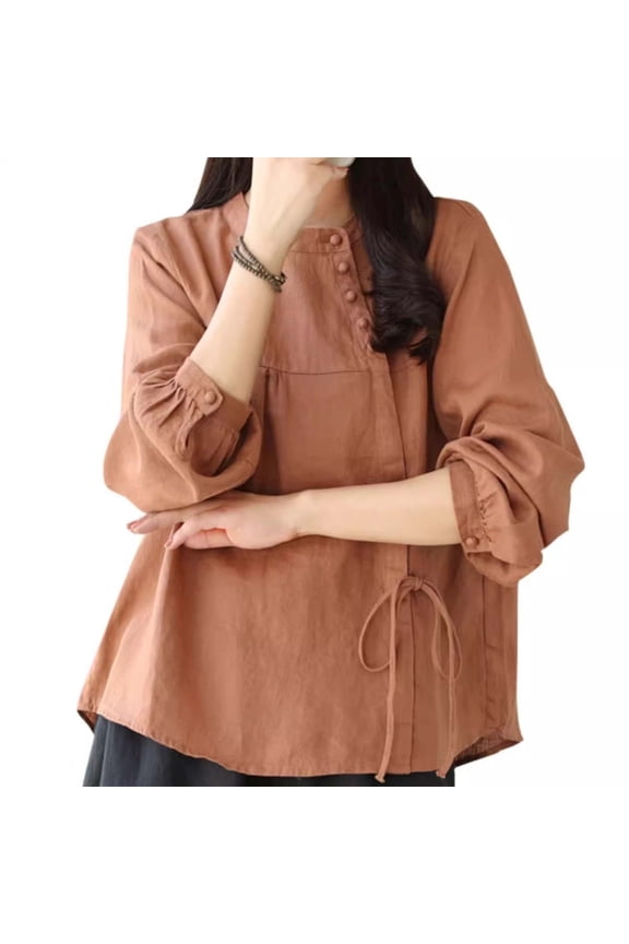 Blouses For Women Dressy Casual Soft Crew Neck 3/4 Puff Sleeve Cute Tops Summer Tops Side Drawstring Ruched Button Work Wear