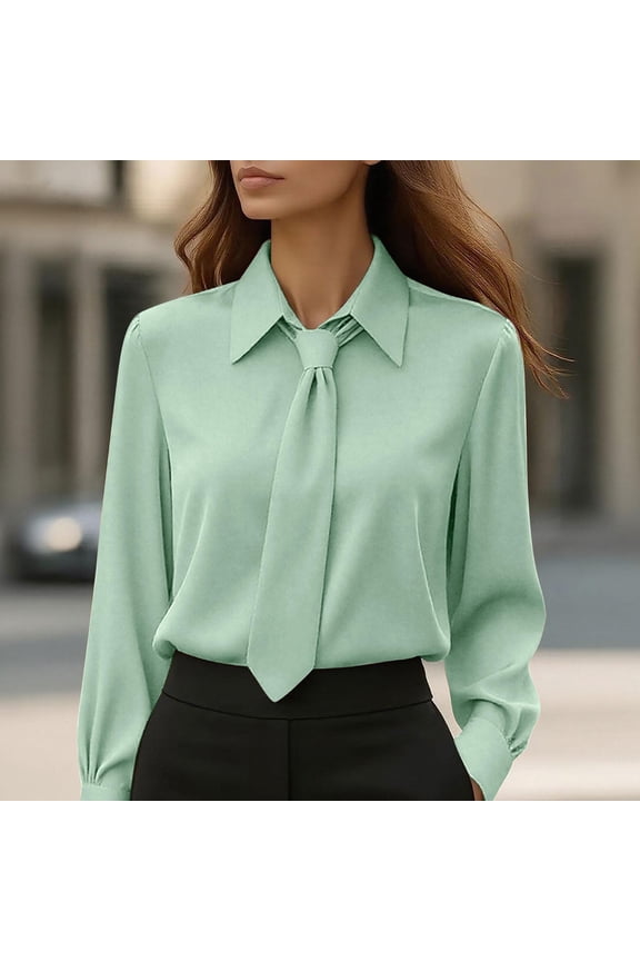 Blouses for Women Long Sleeve Tie Neck Business Tops Elegant Office Work Shirts Dressy Satin Formal Career Blouses Wedding Guest Party Wear Chic