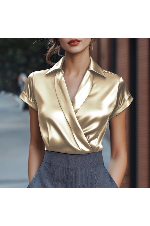 Blouses for Women Dressy Casual Collared Surplice V Neck Cap Sleeve Slim Fit Dressy Tops Satin Wrap Blouse Office Going out Wear outfits