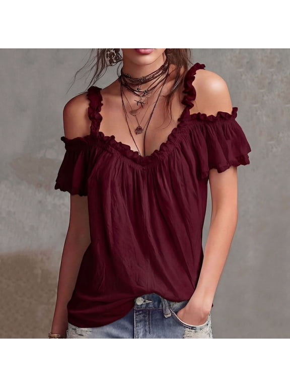 Blouses for Women Ruffle Cold Shoulder Short Sleeve Loose Fit Tops Lightweight Flowy Fabric V Neck Shirts Party Casual Wear Purple XXL