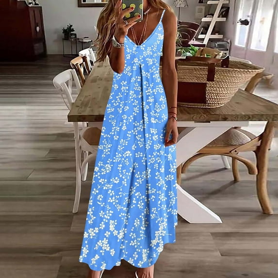 Gamivast Boho Dresses for Women Relaxed Flowy V Neck Spaghetti Strap Long Dress Sleeveless Sundress Vintage Botanical Floral Print Vacation Cruise