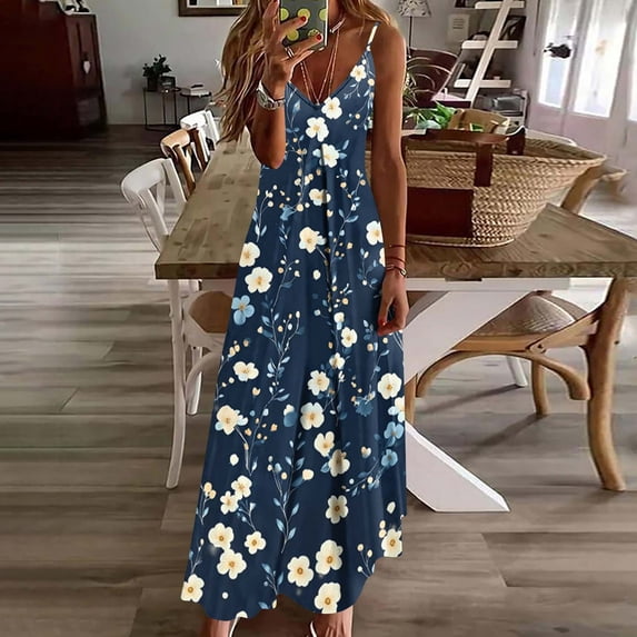 Gamivast Boho Dresses for Women Relaxed Flowy V Neck Spaghetti Strap Long Dress Sleeveless Sundress Vintage Botanical Floral Print Vacation Cruise