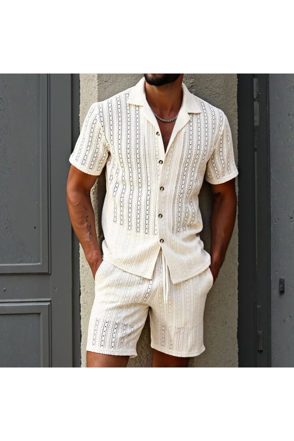 Boho Style Mens 2 Piece Set Hollow Out Lace Button Down Shirt and Shorts Breathable Crochet Outfit for Summer Beach Vacation Party Attire
