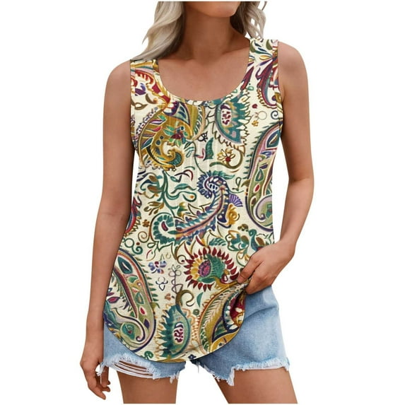 Gamivast Boho Tank Tops for Women Plus Size Floral Print Lightweight Round Neck Sleeveless Loose Fit Blouses Summer Vacation Tops
