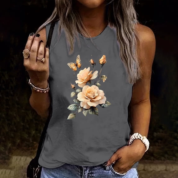 Gamivast Boho Vintage Rose Floral for Women Tank Top Classic Butterfly Graphic Sleeveless Crewneck Casual Relaxed Fit Spring Summer Everyday Basic Shirts Tops