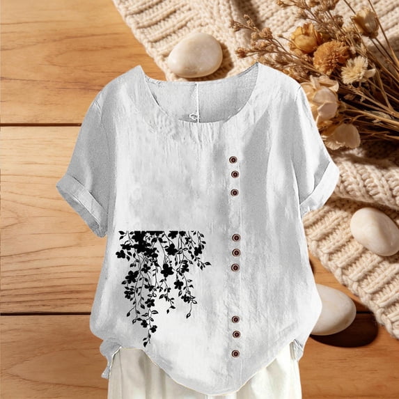 Gamivast Boho Womens Tops Linen Casual Short Sleeve Print Side Button Blouses Trendy Comfy Crew Neck Loose Going out Shirts Summer Vacation outfits