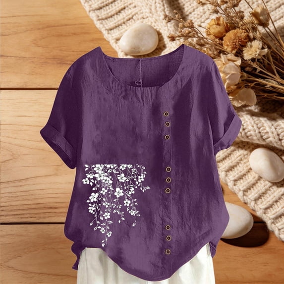 Gamivast Boho Womens Tops Linen Casual Short Sleeve Print Side Button Blouses Trendy Comfy Crew Neck Loose Going out Shirts Summer Vacation outfits